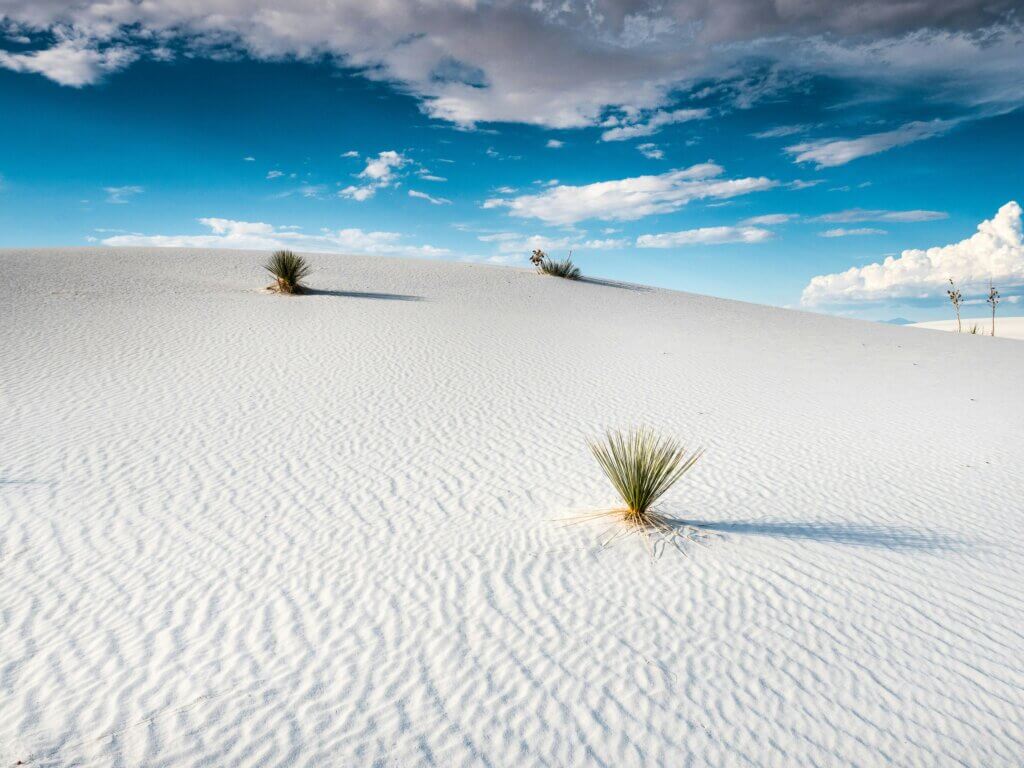 Vast white gypsum dunes at White Sands National Park, New Mexico, glowing under the sunset sky.