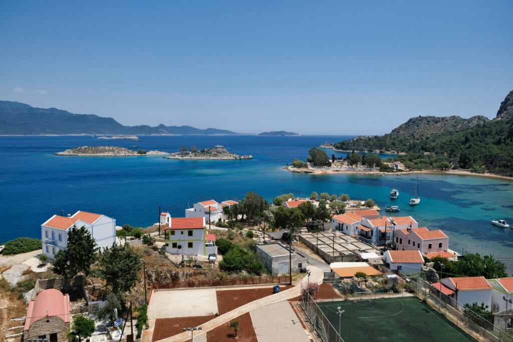 Colorful harbor view of Kastellorizo island in Greece with traditional houses